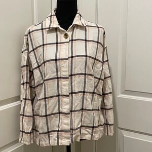 Madewell Plaid Button Up Shirt Women Size S Cream Pink Black Long Sleeve Cotton
